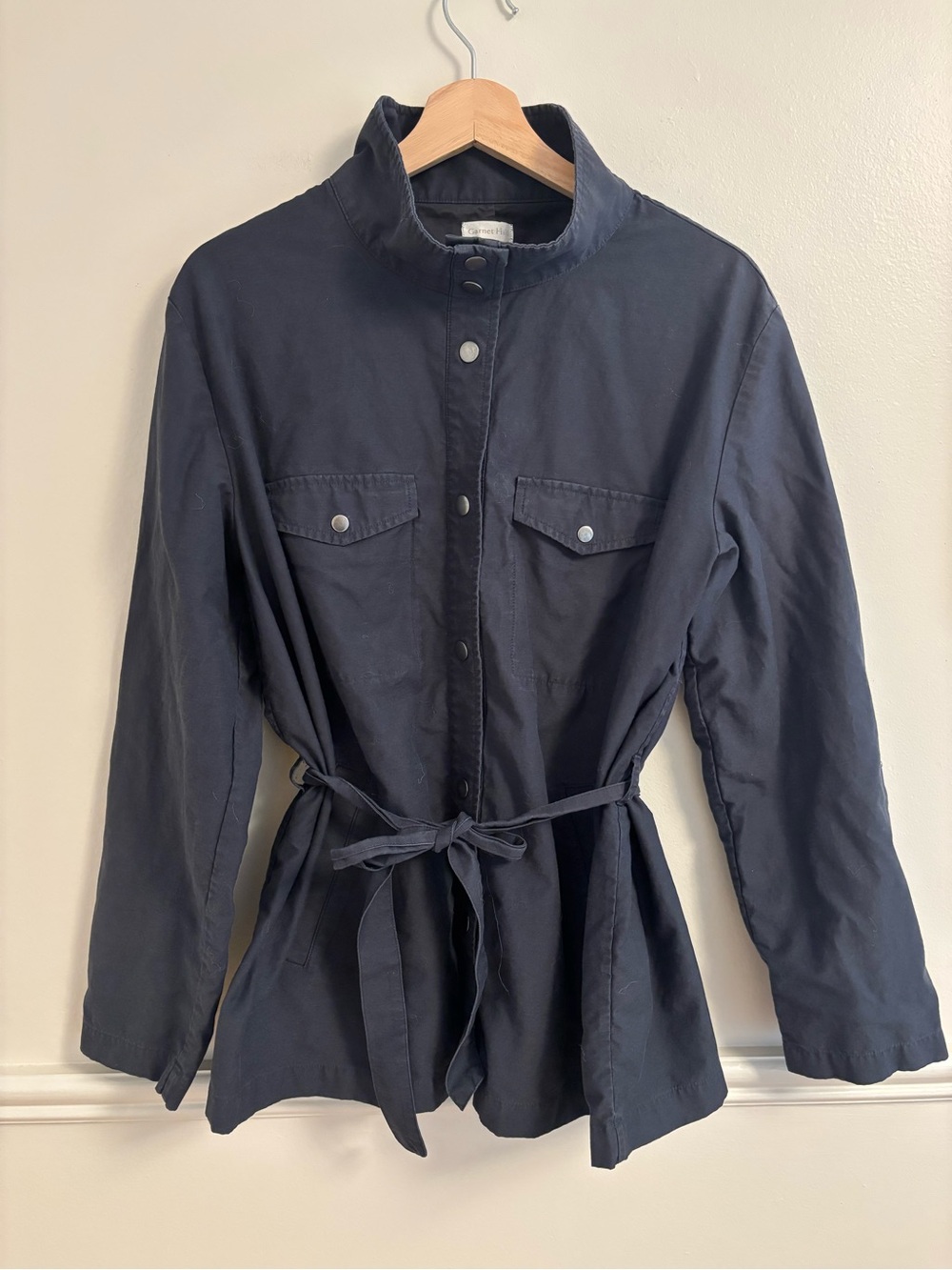 Garnet Hill charcoal funnel neck Utility Belted Jacket